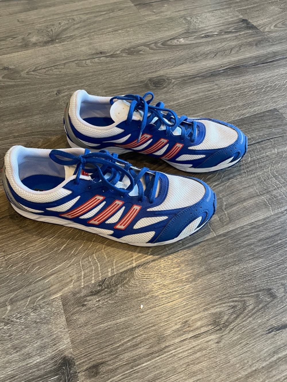 adidas Blue, White and Gray Running Shoes with Red Logo Accents